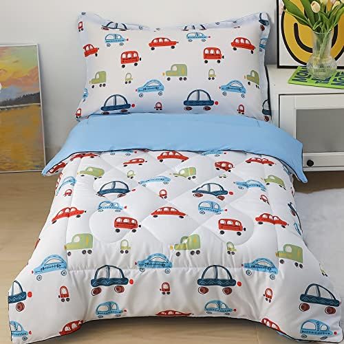 Kinbedy 4 peças Gostos de cama brancos para crianças para meninos carros lençóis azuis Conjunto de desenhos animados para crianças bebês | Incluir edredom, folha plana, folha ajustada, fronha