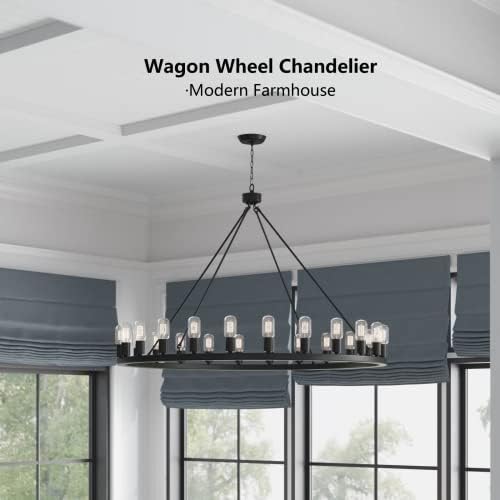 Jacklove 24-Lights Farmhouse Wagon Wheel Chandelier, lustre redondo grande preto para teto alto, hall de entrada, entrada, sala de jantar