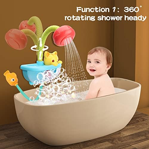 Toy de banho de bebê com cabeça de chuveiro, torneira de chute de spray de água de gato e bolha automática, itens essenciais