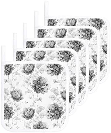 Portadores de maconha de padrão floral preto para a aquarela para cozinha, suporte de panela de cenário branco retro com loop trivet isolamento de isolamento mitts de luvas de madra
