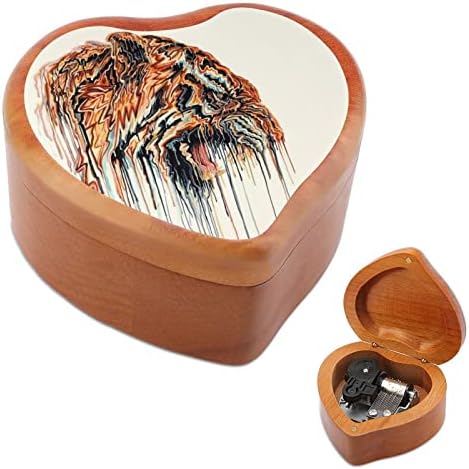Abstract Tiger Painting Clockwork Box Music Box vintage Wooden Heart Heart Musical Box Toys Gifts Decorações