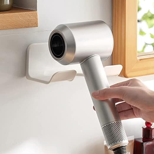Suporte para secador de cabelo de plástico para o banheiro montado em parede de armazenamento de cabelo de sopro de sonda organizadora auto adesiva, branco