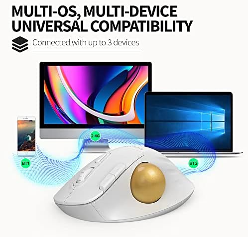 Mouse de trackball bluetooth de luxo, mouse ergonômico sem fio com 2400dpi, controle de polegar fácil e fácil, conexão de 3 dispositivos,