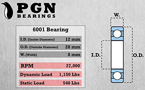 PGN 6001 -ZOLEÇÃO - Rolamento de esferas de aço cromado lubrificado - rolamentos de 12x28x8mm com blindagem de metal e suporte de rpm alto