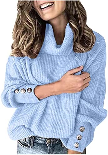 Blusas de gola alta feminino botão de botão de manga longa suéteres de malha de plus size tamanhos de queda casual sólida de outono