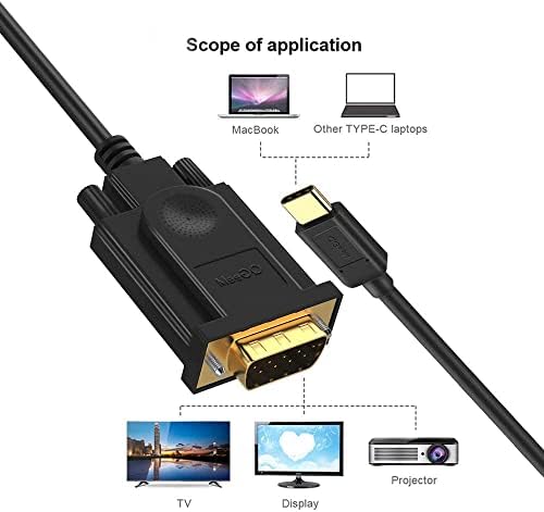 Adaptador de cabo USB C a VGA preto de 6 pés/1,8m, QGEEM Tipo C para VGA compatível com MacBook Pro, Dell XPS 13/15, Surface Book 2, HP Specter X360, Lenovo Yoga 910 & More, VGA para USB C