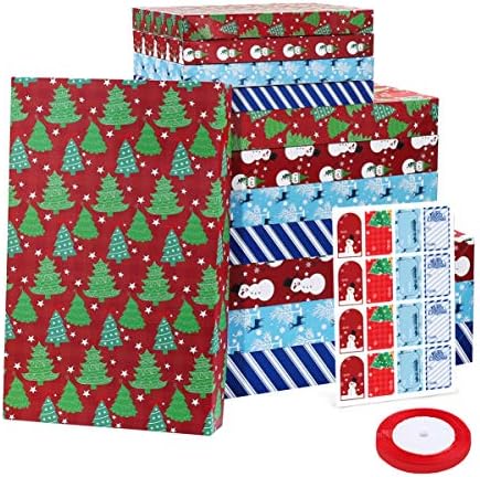Caixas de embrulho para presentes de feriado grande: 12 peças 4 padrão 3 tamanho caixas de Natal com tampas caixas de tampas caixas de camisa de camisa Perfeita caixas de embrulho de natal com fitas e adesivos para embrulhar Natal