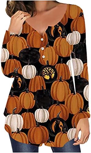 Camisas de Halloween femininas Blusa casual de manga comprida botão de babado para cima v pesco