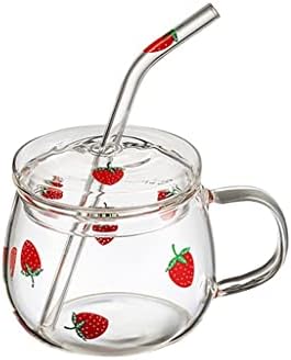 Caneca de vidro de morango yfqhdd com copo de palha com tampa de água alta de água de água com copo de leite doméstico