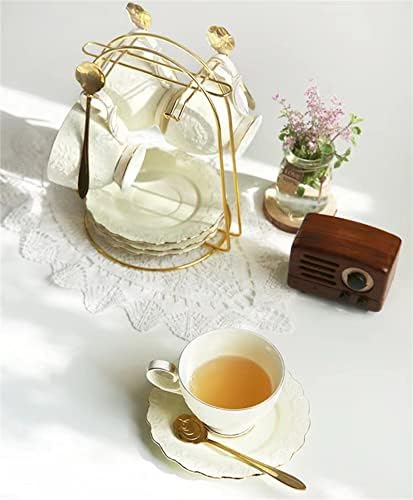 Copos de chá e pires Conjunto de 6 anos, chá de chá e café de estilo britânico com acabamento dourado, impressão de alívio xícaras de café com suporte de metal ou decoração da sala de estar, conjunto de chá, pacote de presentes, ouro