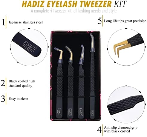 Conjunto de Hadiz de 4 Fibra Diamond Grip Grip Extensions Tweezers Tweezer de cílio de aço inoxidável japonês