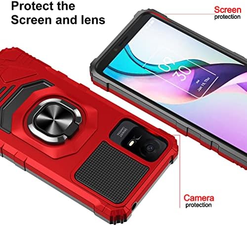 Compatível para a caixa TCL ION X com protetor de tela de vidro temperado [grau militar] Anel Mount Mount Kickstand Hybrid Choffrof Hard Phone Case - Red