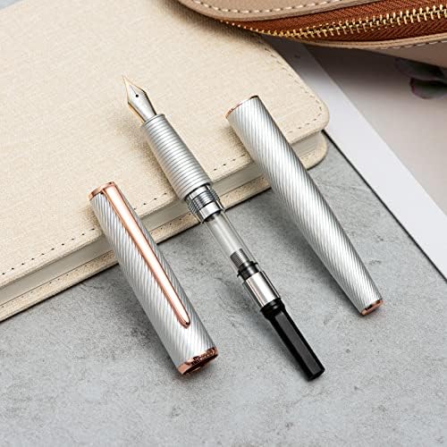 Caneta -tinteiro de alumínio prateado a3 hongdiano, design de luxo extra fino de luxo com caneta com conversor e capa de caneta