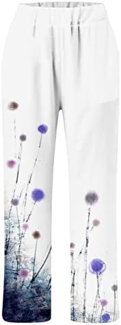 Calça de linho de alta cintura Padaleks Mulheres de verão de impressão elástica da cintura calças de linho femininas
