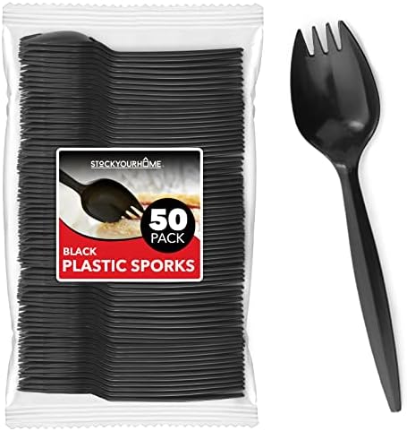 SPORKS descartável Black Plastic Spork, utensílios de 2 em 1 BPA, colher de garfo pesado para almoço escolar, piqueniques,