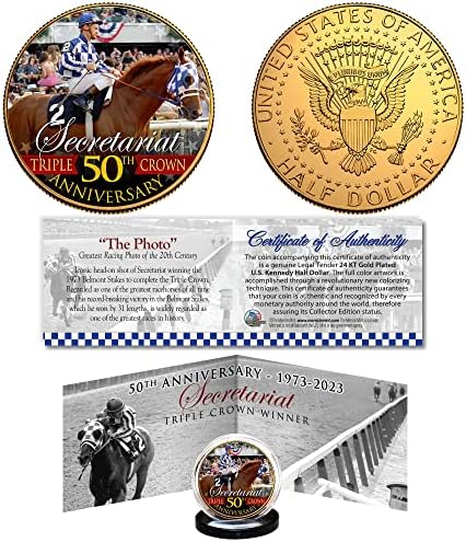 Secretariado Triple Crown 50th Anniversary 1973-2023 Official Genuine Gold Gold Clad JFK Kennedy Half Dollar U.S. Coin com o famoso Certificado de exibição panorâmica de fotografia Stretch