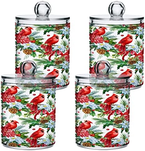 Alaza 2 Pack QTIP Dispensador Red Birds Birds Christmas Poinsettia Flores de banheiros Latas organizadoras de banheiro para bolas de algodão/swabs/almofadas/fio
