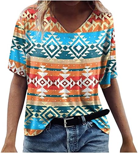 Tops astecas para mulheres 2023 Western vintage étnico de camiseta étnica verão plus size tamanhos de manga curta Crewneck