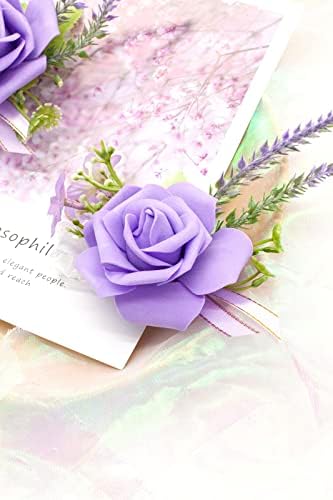 Floinla Corsage Purple e Boutonniere Conjunto de Rosa Artificial Rosa Lavanda Corpeita Banda de Pulseira e Men Boutonniere Conjunto para Flores de Casamento Acessórios de Promp