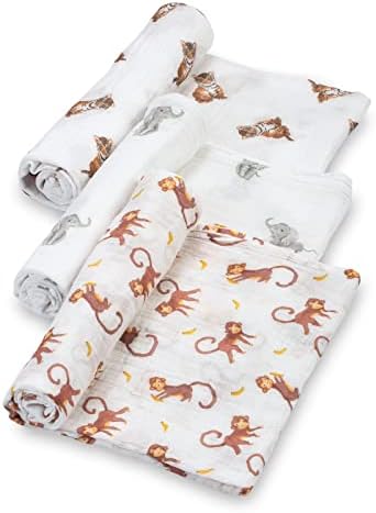 Lollybanks Swaddle Blanket | Algodão de musselina | Recém -nascido e Baby Nursery Essentials for Boys, Registro | Jungle Monkey Elephant and Tiger Print