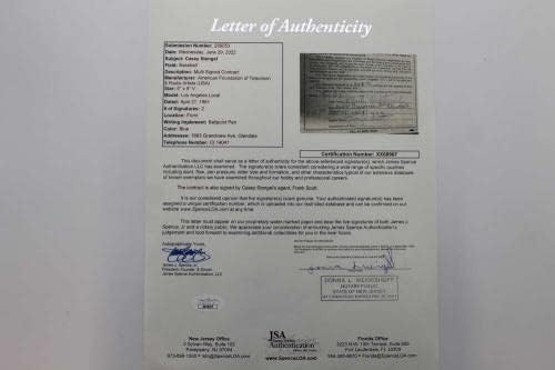 Casey Stengel assinou 1961 Televisão/Radio Contrato Autograph JSA LOA D2104 - MLB Cut Signature