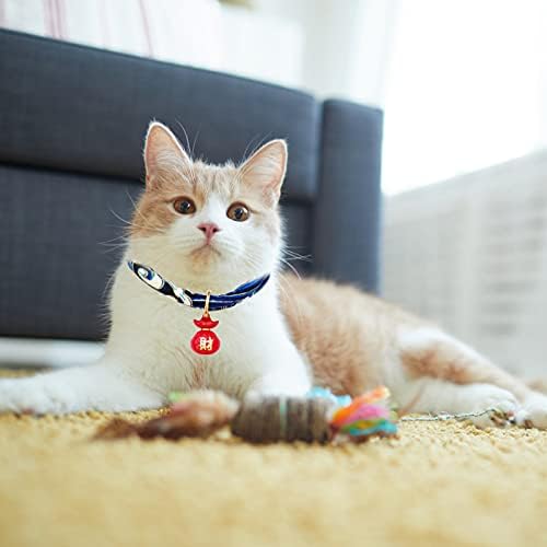 Colar de gato hacraho com sino, 1 pacote de ondas de estilo japonês azul colar de gato de estimação de gato de estimação de estampa com fortuna sino para pequenos gatos de cachorro animais de cachorro, m