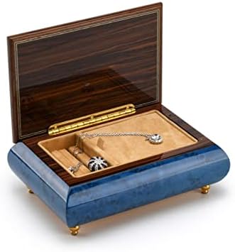 Notável 30 note tema floral azul escuro Caixa de jóias musicais de madeira embutida - muitas músicas para escolher