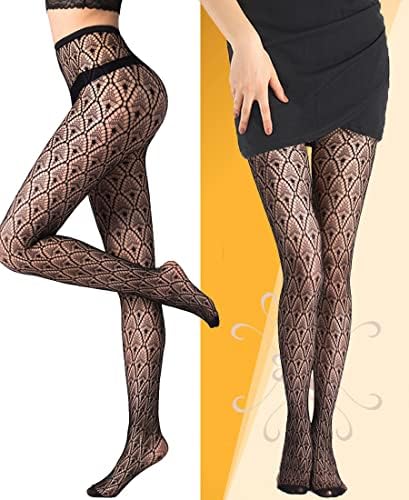 Charmdays Padronized calças justas para mulheres meias de fishnet preto Design de renda Pantyhose 4 pacote