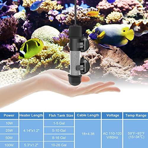 Hygger Pequeno aquecedor de aquário Betta, aquecedor submersível de peixe Tahk 10w/25w/50w/100w com tela digital LED,