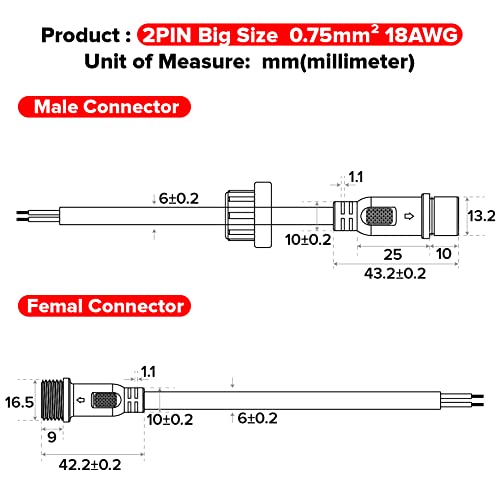 BTF Lighting 5pcs 3,28 pés 1 mímetro 2 pino 18awg ip65 Extensão fio de cabo com conectores masculino e fêmea nas duas extremidades