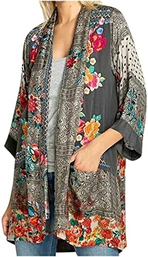 3/4 de manga Cardigans longos para mulheres Tribal Tribal Impresso Kimono Concobrar casaco de outono leve com bolsos