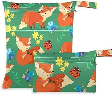 pnyoin engraçado raposa floral borboletas flores molhadas saco seco 2pcs bolsa de fraldas à prova d'água com 2 bolsos com zíper para piscina de panor