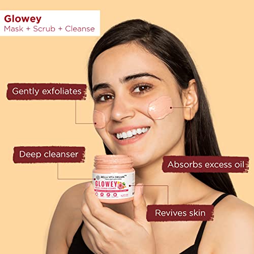 Bella Vita Organic Glowey Face Pack, Scrub & Face Lave 3 em 1 Para pele brilhante e radialmente unissex ayurveda com pincel de aplicador de face grátis