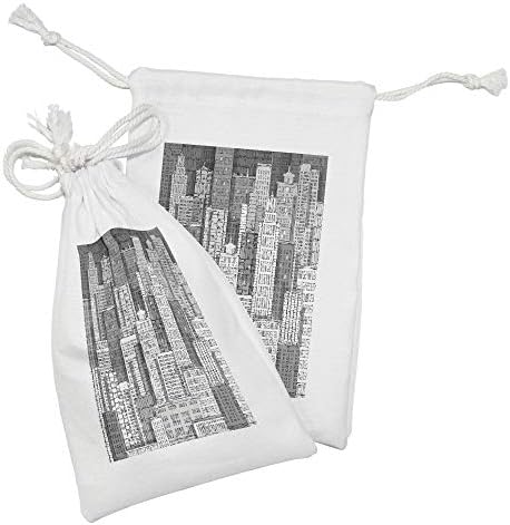Conjunto de bolsas de tecido de Nova York lunarable de 2, altos edifícios de arranha -céus metropolitanos da vida e torres gêmeas, pequenas bolsas de cordão para máscaras e favores de produtos de higiene pessoal, 9 x 6, carvão branco cinza branco