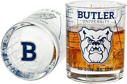 Butler University Whisky Glass Set 10oz - Contém o logotipo da Butler Butler e o mapa do campus - Butler Bulldogs Glassware Gift Idea para graduados e ex -alunos da faculdade - decoração de mordomo
