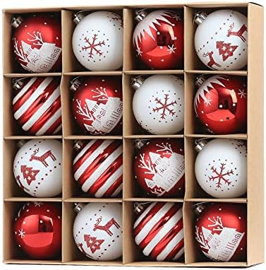 WBHome 16Ct Bola de Natal Ornamentos de Bola Conjunto de 3,15 polegadas / 80mm - Vermelho e Branco, Decorações de Natal à prova de quebra para a árvore de Natal, Garland de férias, ganchos de decoração de grinaldas incluídas