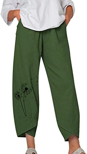 Ethkia 7/8 leggings para mulheres de pernas largas cintura elástica de calça de linho canto solto com bolsos fluidos