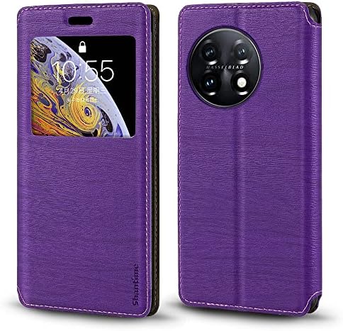 Shantime para capa OnePlus 11 5G, estojo de couro de madeira com suporte de cartão e janela, capa de flip magnética para o OnePlus 11 Global Purple