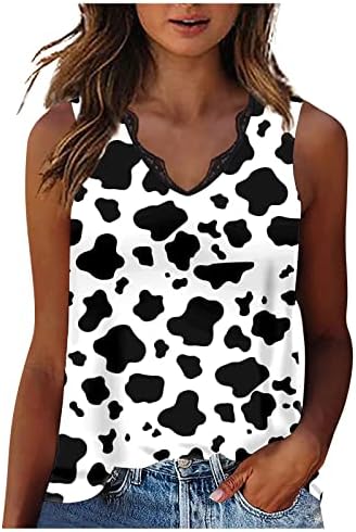 Camisetas de decote em vil de renda feminina tanques de verão sem mangas tampas de vaca fofa tees gráficos casuais blusas de túnica