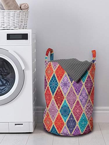 Bolsa de lavanderia geométrica de Ambesonne, rhombus colorido colorido de retalhos de retalhos de retalhos inspirados, cesto de cesto de cesto com alças de cordas para lavanderias, 13 x 19, multicolor