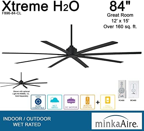 Minka-Aire F896-84-CL, Xtreme H2O 84 Fã de teto em acabamento de carvão com controle de parede remoto e adicional