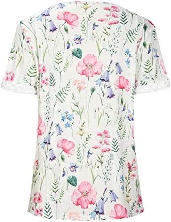 Tops de verão feminino Tops casuais de impressão floral renda folgada v pescoço de manga curta ajuste camisetas diárias