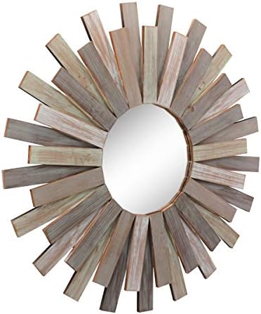 Stonebriar Grande Round 32 Madeira Sunburst Wall Mirror com suporte suspenso preso, decoração rústica decorativa para a