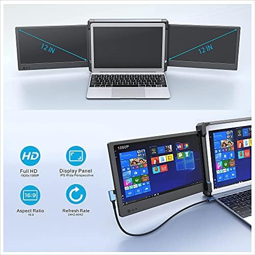 Ofiyaa P2 12 '' Triple portátil Monitor de laptop Extender Screen Dual Screen FHD IPS tipo C/HDMI/USB-A 4 Alto-falantes Extender para PS5 Compatível com 13 ''-16 '' Mac PC/Notebook
