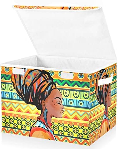 Innwgogo African Woman Storage Bins com tampas para organizar o lixo de cubo de armazenamento dobrável com alças Oxford Ploth Storage Cube Box for Room