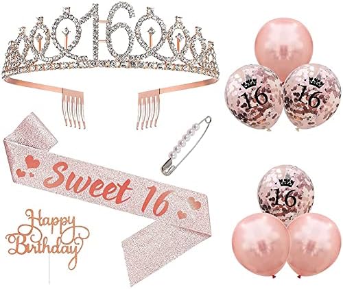 Doce de 16 decorações de aniversário, 16º aniversário de cetim de cetim, Crystal Tiara Crown and Balloons for Girls felizes decorações
