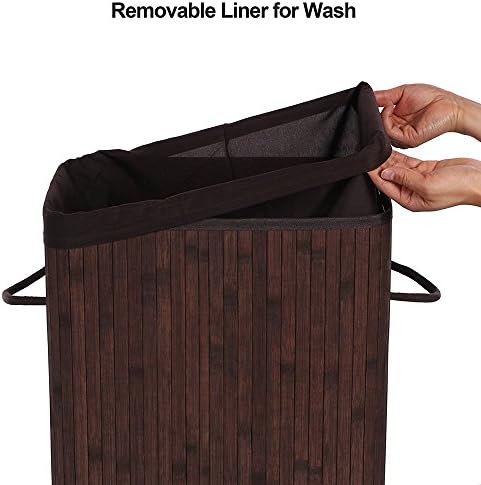 Transmível de lavanderia dobrável com tampa e revestimento vertical, bambu Dirty Roupas Bins de armazenamento Cesta de lavanderia com