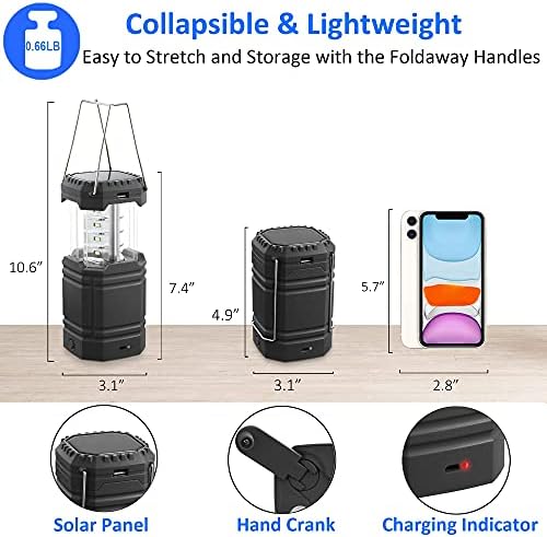 2 pacote de lanterna solar de acampamento solar recarregável, lanterna de manivela manual Luz de emergência, 3 Ways e USB Cable,