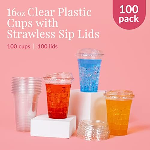 100 xícaras claras com tampas, 16 onças - xícaras de plástico sem fita com tampas - xícaras de café geladas descartáveis ​​com tampas