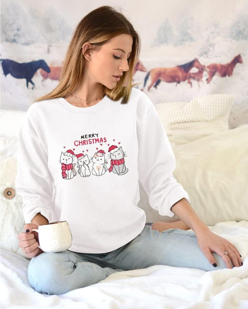 Dutut Four Cat Pullover Impresso Camisa leve para mulheres Feio de camisola de Natal Fall Crewneck Top de manga comprida